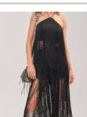 AKIRA ON THE EDGE FRINGE HALTER TOP IN BLACK Size LL